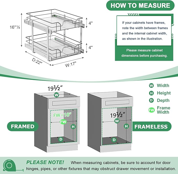 2-Tier Pull Out Cabinet Organizer (17" W x 22" D), Soft Close Cabinet Slide Out Shelves, Heavy Duty Slide Out Drawers with Shelf Liner for Kitchen Cabinets, Pantry Storage, Bathroom