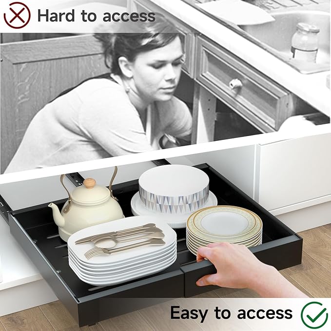 2 Pack Pull Out Cabinet Organizer, No Screw Adjustable Cabinet Drawers, Expandable(12.6"-20.47") Slide Out Drawers for Kitchen Cabinets, Cabinet Roll Out Shelves in Pantry or Bathroom, 16.54" Deep