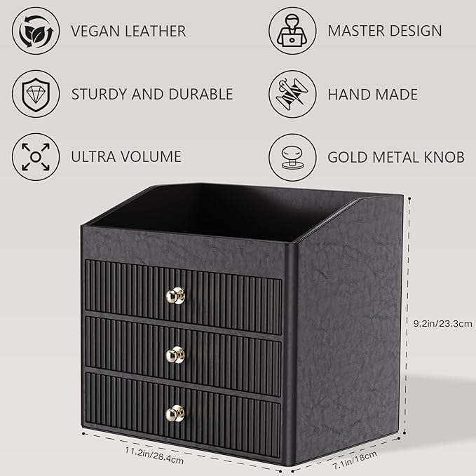LADSTAG Cosmetic Organizer,Luxury Make up Organizer with 3 shelf Drawers,Black Large Capacity Makeup Organizers for Skincare,Brushes, Dresser,Bedroom,Bathroom,Gifts for Her,Birthday Gifts for Mom