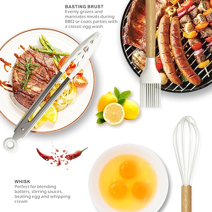 oannao Silicone Cooking Utensils Set - 446°F Heat Resistant Silicone Kitchen Utensils for Cooking,Kitchen Utensil Spatula Set w Wooden Handles for Non-Stick Cookware, BPA FREE (Cream White)