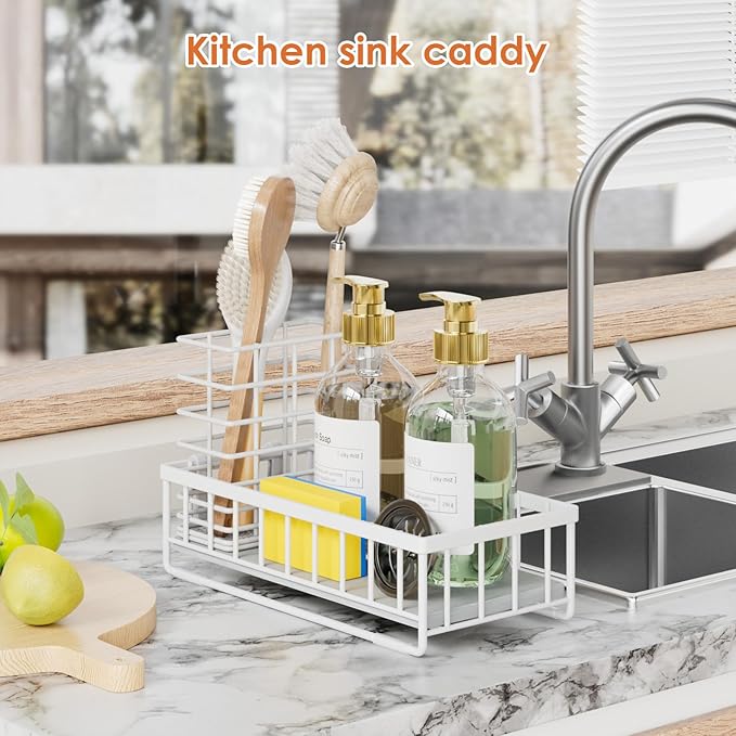OVICAR Kitchen Sink Caddy Organizer - Sponge Holder with Dish Brush Holders - Instant Dry Waterproof Soap Dispenser Non-Slip Countertop Sink Caddy for Kitchen Bathroom White
