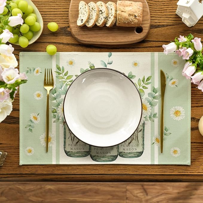 Artoid Mode Eucalyptus Leaves Daisy Vase Spring Placemats Set of 6, 12x18 Inch Seasonal Summer Table Mats for Party Kitchen Dining Decoration