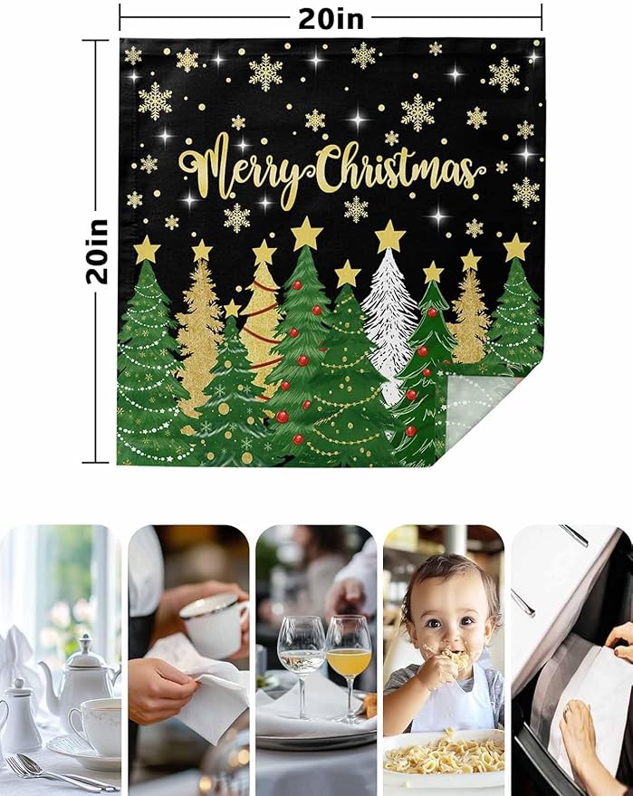 Christmas Tree Black Cloth Napkins Set of 6 - Forest Pine Washable Dinner Napkins Snowflakes Xmas Stars Sparkle Table Reusable Napkin for Home Party Wedding Dining Table Decoration, Oversized 20"x20"