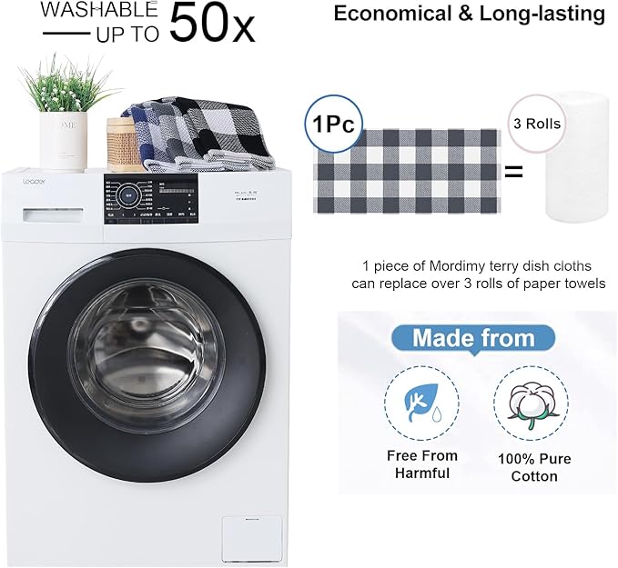 Mordimy 100% Cotton Waffle Weave Kitchen Towels, 13 x 28 Inches, Super Soft and Absorbent Buffalo Check Dish Towels for Drying Dishes, 4-Pack, White & Dark Grey