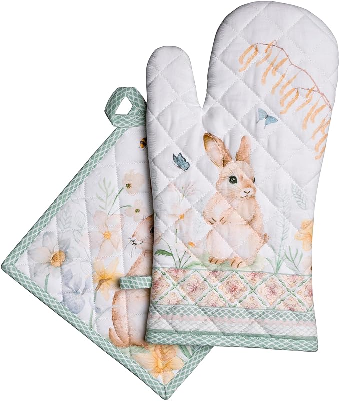 Maison d' Hermine 100% Cotton Oven Mitt & Pot Holder Set (7.5"x13" & 8"x8") Heat Resistant BBQ Cooking Gloves with Loop Baking Grilling Kitchen Gifts for Mothers Day Spring/Summer (Easter Dew)