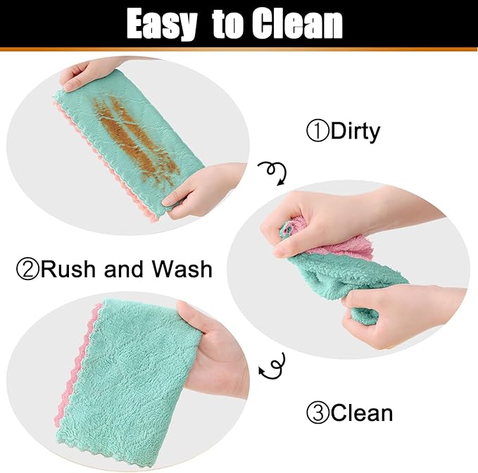 Mordimy 24 Pack Kitchen Cloths Dish Towels (10" x 10", Green & Pink), Super Soft and Absorbent Dish Cloths, Coral Velvet Microfiber Cleaning Cloth, Nonstick Oil Fast Dry Dishcloths