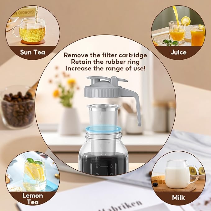 Cold Brew Coffee Maker Jar - 2 Pack 64 oz(2 Quart / 1.9 Liter) Glass Cold Brew Maker with Handle, Stainless Steel Filter&Leak-Proof Lid, Heavy Duty Cold Brew Pitcher for Iced Coffee, Sun Tea, and Milk