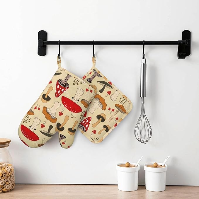 Vintage Mushroom Art Oven Mitts and Pot Holders Set of 2 Silicone Heat Resistant Oven Mitten Potholders Non Slip Gloves Kitchen Decor for BBQ Cooking Grilling Baking