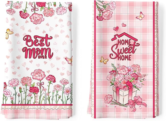 Mother's Day Floral Tea Towels, Cotton Kitchen Towel 18.9 × 27.5 inch, Quick Drying Dish Cloth for Party Anniversary Holiday Decoration, Housewarming Gifts for Mom