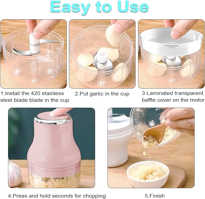 Vegetable Chopper, Electric Garlic Chopper, 250ML USB Rechargeable Mini Blender, Powerful Small Food Processor, Blender to Vegetable, Wireless Food Cutter for Ginger, Chili, Fruit, Meat, etc（Pink）