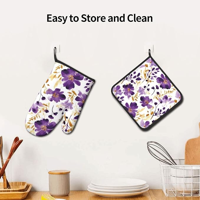Spring Purple and Gold Floral Oven Mitts and Pot Holders Sets of 3, Non-Slip Heat Resistant Watercolor Flower Design Kitchen Gloves, Gifts for Women Cooking, Elegant Kitchen Decor for Baking Cooking