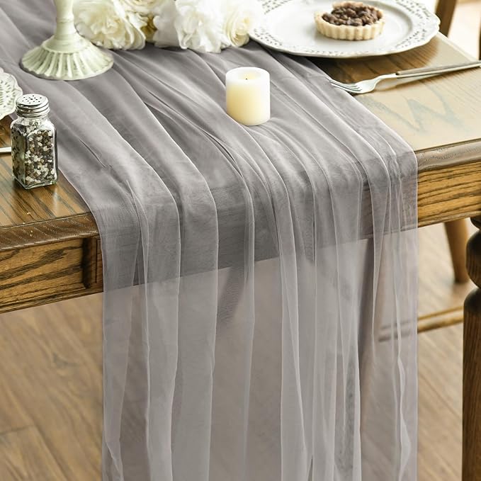 Artoid Mode 10PCS Grey Gauze Table Runner 120 Inch 10FT, Seasonal Sheer Kitchen Dining Holiday Wedding Birthday Baby Shower Table Decor for Home Party