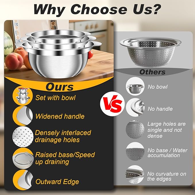 Stainless Steel Colander, 3Pcs Strainer for Kitchen Food with Handle Kitchen Gadget Food Strainer Basket for Washing Vegetables, Fruits, Rice, and Pasta, (2+2QT Colander + 3QT Mixing Bowl)