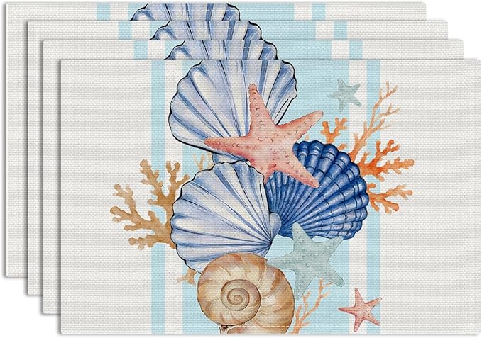 Sea Shell Starfish Beach Placemats Set of 4, 12x18 Inch Seasonal Spring Summer Ocean Coastal Washable Linen Nautical Table Mats for Indoor Outdoor Party Kitchen Dining Decoration, Shell Place Mats