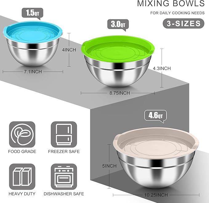 HaWare Mixing Bowls with Airtight Lids, 6-Piece Stainless Steel Salad Bowls, Strong Nesting Bowls for Cooking, Prepping, Baking, Serving & Food Storage, Stackable Design, Size 4.6, 3, 1.5QT, Colorful