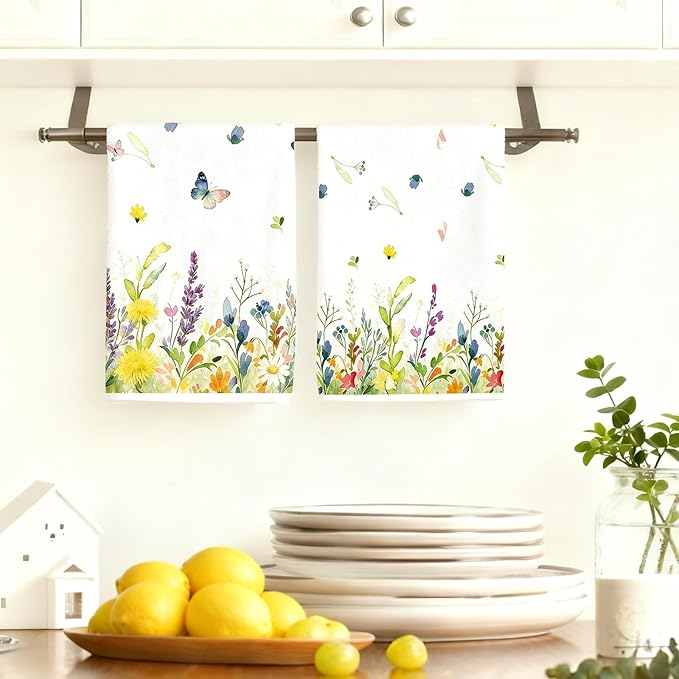 Spring Wildflower Kitchen Towels Set of 2-16×24in Floral Dish Towels, Super Absorbent & Quick Dry Hand Towels for Kitchen Bathroom Home Easter Mother‘s Day Gifts