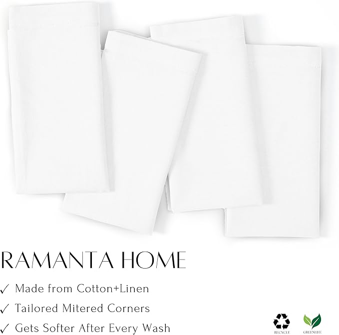 Ramanta Home White Coth Dinner Napkin Set of 12, Premium Cotton 18X18 Inch Linen Flax Soft & Durable Washable Ideal for Everyday Use -Dining, Parties, Weddings, Spring & Easter Table Décor