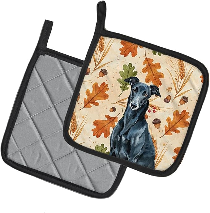 Caroline's Treasures Black Greyhound Heirloom Fall Pair of Pot Holders Pair 7.5x7.5 Quilted Insulated Hot Pads Decorative Kitchen Gift Made in USA
