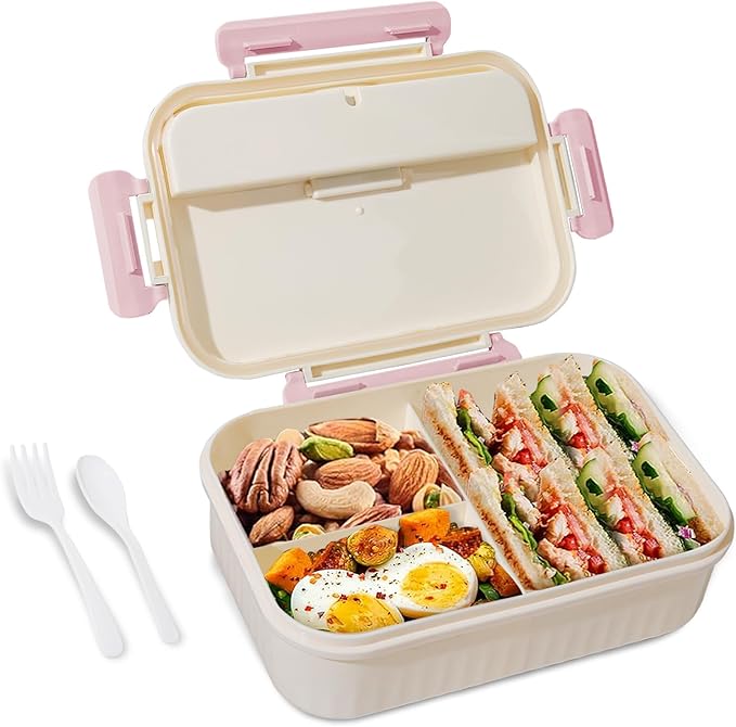 Bento Box Adult, 1800 ML Bento Lunch Box for Kids Children with 3 Compartments, Lunch Food Containers with Spoon & Fork, Microwave & Dishwasher Safe, BPA-Free and Food-Safe Materials(Pink)