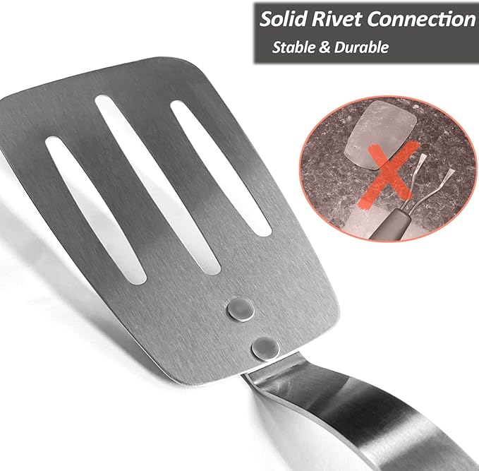 Stainless Steel Flexible Spatula Slotted Turner, XiaoZu Thin Metal Spatula for Cast Iron Skillet, Thin Blade and Heat Resistant Silicone Handle, Great for Egg, Cookie, Meat, Crep, Medium + Large