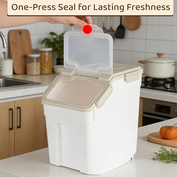 Saim Flour Storage Containers 25lb, 2Pack Airtight Rice Storage Containers with Wheels, Rice Dispenser with Measuring Cup,Scoop for Flour, Grain, Cereal, Pet Food Organizer - Grey