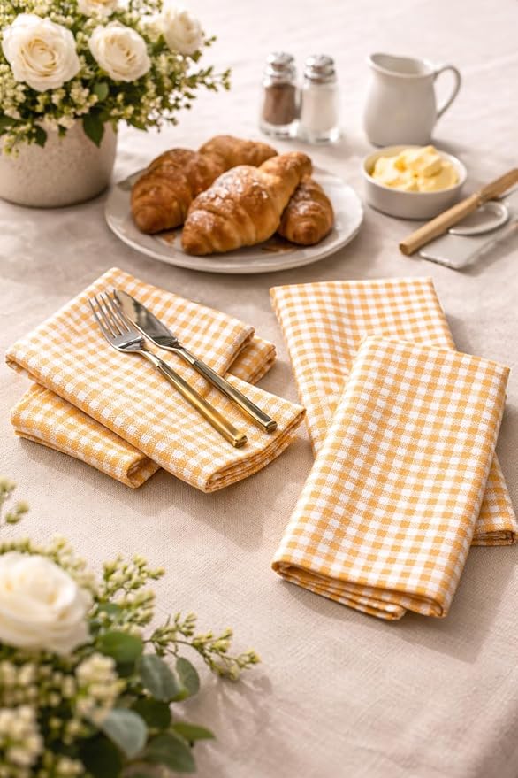 Mini Gingham Check Cloth Napkins Set of 4, 16"x16", 100% Cotton, Super Absorbent & Reusable, Washable Fabric Napkin Dinner, Events, Everyday Use - Mustard Yellow
