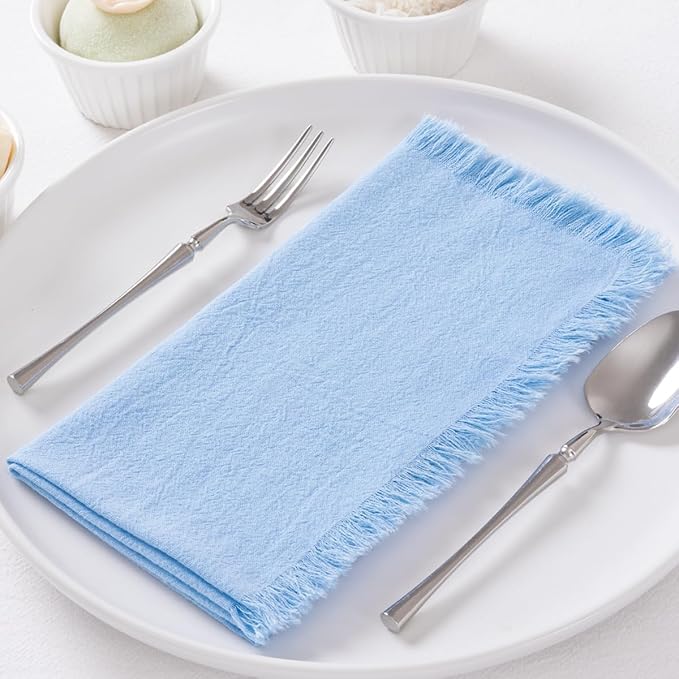 DeZerlor 12 Pack Baby Blue Cotton Linen Napkins with Fringe Spring Cloth Napkins Set of 12 Boho Handmade Dinner Napkins Bulk for Wedding Bridal Baby Shower Parties, 17 x 17 Inches