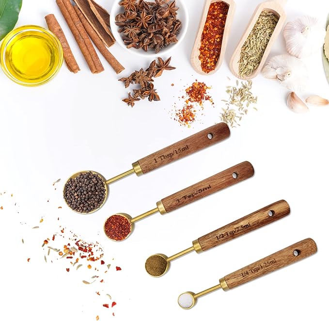 Gold Measuring Cups and Spoons Set with Fragrant Wood Handle, Measuring Cups, Metal Measuring Spoons and Measuring Cup Set for Cooking & Baking, Set of 8 pcs