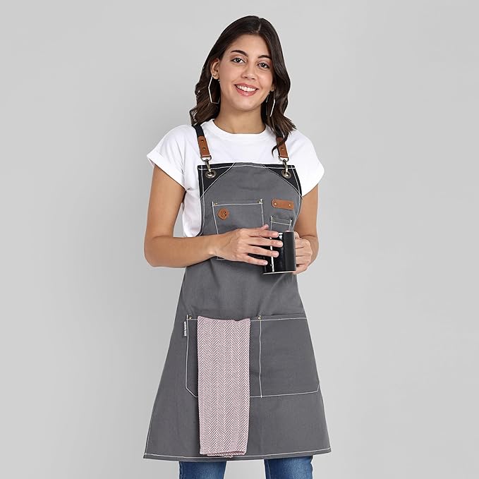 Chef Apron, Recycled Cotton Kitchen Apron with an Adjustable Neck with Long Ties, for cooking, baking