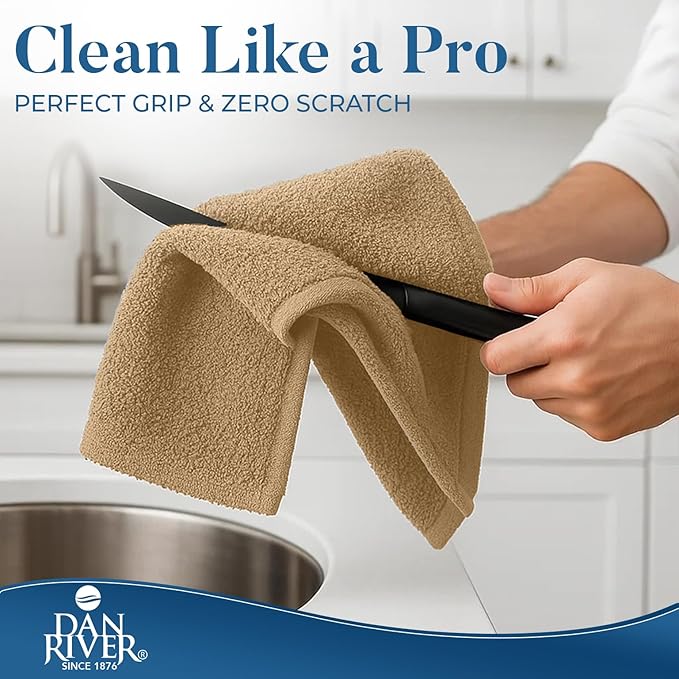DAN RIVER Kitchen Bar Mops,Pack of 12,16 by 19 Inches,100% Cotton Super Absorbent,Multi-Purpose Cleaning Towels for Home and Kitchen Bars-Tan