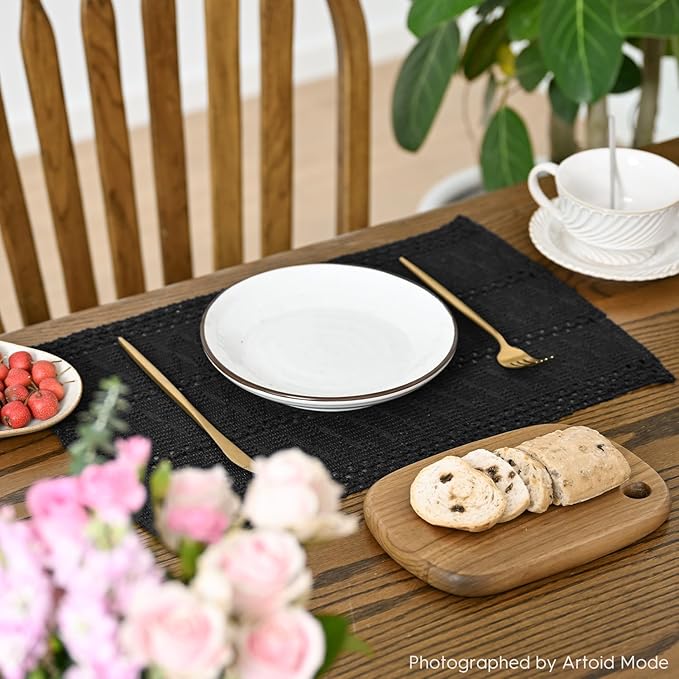 Artoid Mode Black Farmhouse Woven Rustic Hollow Placemats Set of 4,12x18 Inch Seasonal Holiday Table Mats Party Kitchen Dining Decoration