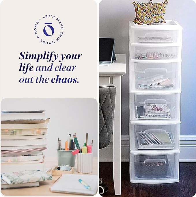 HOMZ Drawer Tower, 6-Tier Clear Plastic Storage Organizer Cart, White Frame - Heavy-Duty Organizing Drawers for Home, Bedroom, and Closet Organization