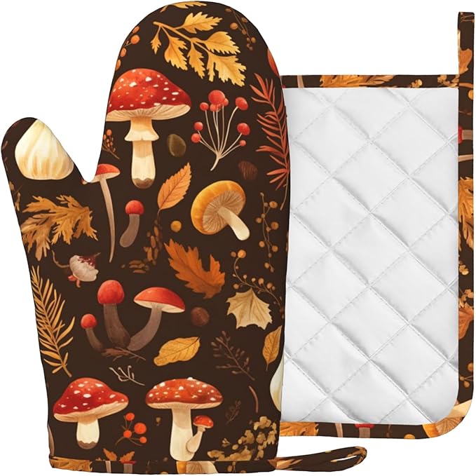 Mushroom Oven Mitts and Pot Holders Sets Vintage Leaf Silicone Kitchen Mitts Potholders Heat Resistant Oven Gloves Hot Pads for Kitchen Baking Cooking