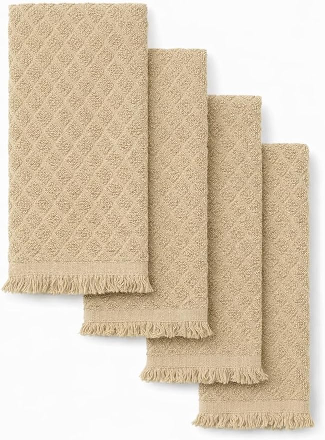 MosJos Kitchen Towels, Set of 4 Hand Towels, Sage Taupe Diamond Pattern Drying Towels 18 x 28 Super Absorbent Cotton Hand Cloths with Fringed Edges, Everyday Essentials Kitchen Linens