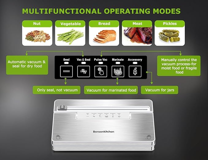 Bonsenkitchen Vacuum Sealer Machine, Stainless Steel Food Sealer Vacuum Sealers with 1 Roll & 5 Bags, 5 Food Vacuum Modes, Built-in Cutter & Bag Storage (White Silver)
