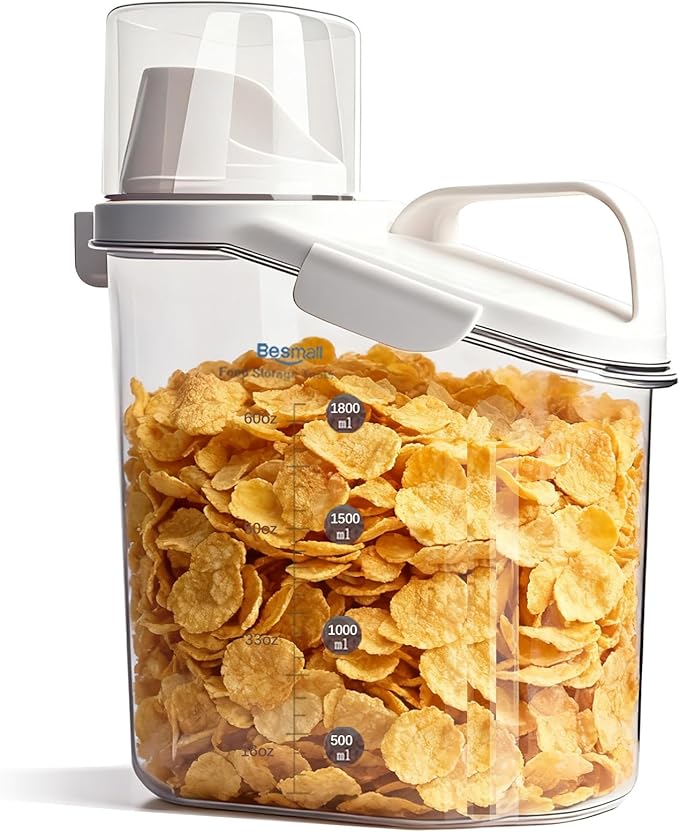 Cereal Containers Storage with Pour Spout Food Storage Container with Airtight Lid for Rice Flour Sugar Dog Cat Dry Food, Small Cereal Dispenser Kitchen Pantry Organizers Canister 1.8L