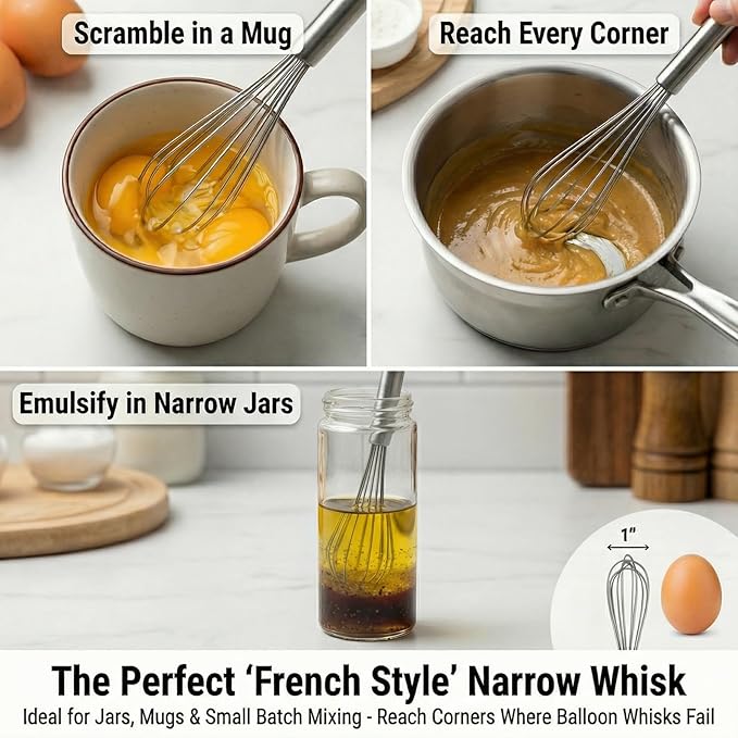 11-Inch Slim French Whisk – 18/8 Stainless Steel Wire Whip with Long Handle – Narrow Stirrer for Mason Jars, Coffee & Cocktails – Small Whisk for Eggs, Sauces, Dressings & Nut Butters