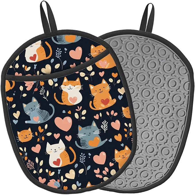Cat Heart Silicone Pot Holders Set of 2, Heat Resistant up to 500°F, Non-Slip Kitchen Hot Pads with Pocket and Soft Quilted Cotton Lining for Baking, Cooking and Hot Pots