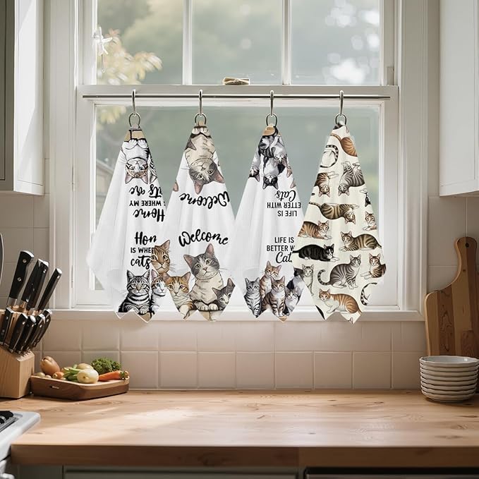 Jztco 4 Pcs Cute Cat Kitchen Towels 24x14 Inch, Cats Gifts Absorbent Hand Tea Towel, Microfiber Dish Cloths for Drying Dishes, Waffle Dish Towels for Kitchen Home Decor, Cat Lover Gifts for Women Mom