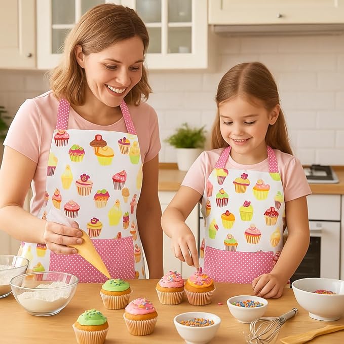 G2PLUS Apron for Women with Pockets, Extra Long Ties Cotton Apron Perfect for Kitchen Cooking, Baking and Gardening (Mama and Me Set)