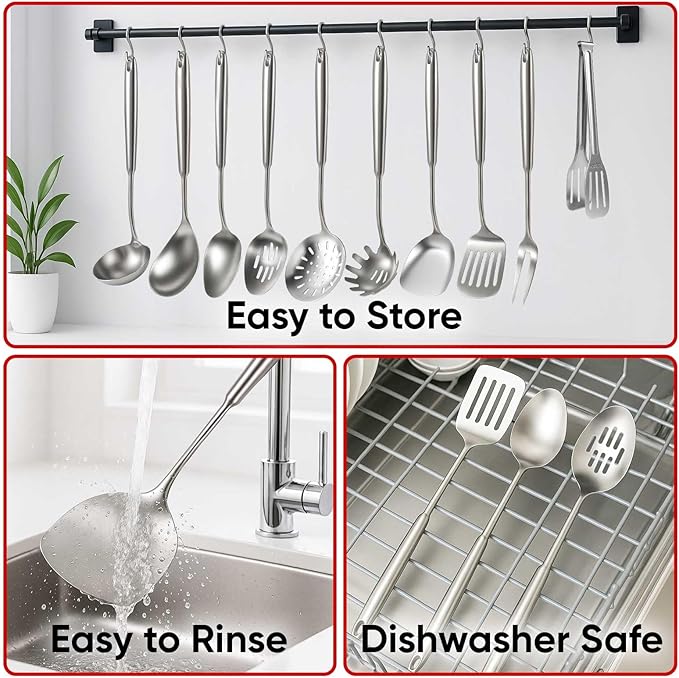 Newness 11 Pcs Cooking Utensils Set, 304 Stainless Steel Kitchen Utensils Set, Metal Kitchen Accessories, Include Soup Ladle, Slotted Skimmer Spoon, Spaghetti Spoon and Spatula, Dishwasher Safe