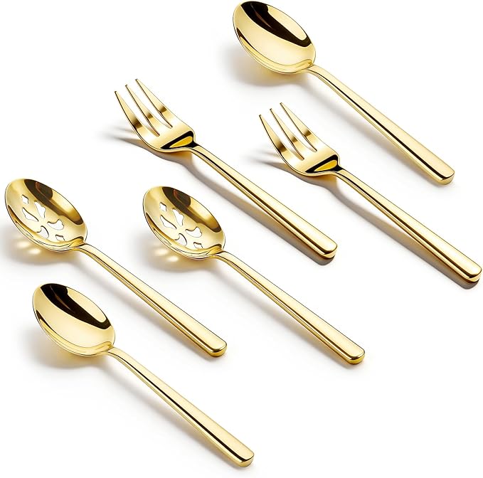 Serving Spoon x 2,Slotted Serving Spoon x 2,Serving Forks x 2,RTT 9 Inch Stainless Steel Catering Serving Utensils for Party Buffet Dinner Banquet Kitchen Basics (Golden Titanium Finish)