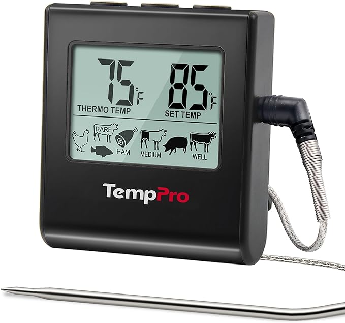 TempPro TP16 Large LCD Digital Meat Thermometer for Cooking, Smoking, Grilling, BBQ Food Temperature Indicator with Clock Timer and Stainless Steel Probe, Black(Previously ThermoPro)