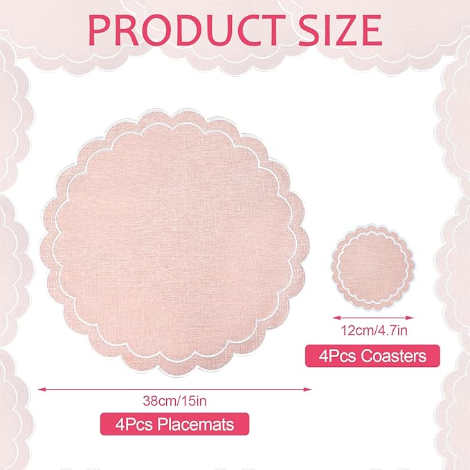 Set of 8 Cotton Linen Placemats Coaster, 15" Scalloped Embroidery Heat Resistant Placemats, 4.7" Kitchen Coaster, Double Layered Machine Washable Table Mat Set Rustic Dinner Table Decoration (Pink)
