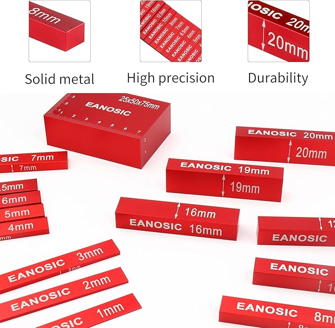 EANOSIC Metric Setup Blocks Height Gauge Set, 15pcs Precision Aluminum Setup Bars Guage Block Set for Router and Table Saw Accessories Woodworking Set Up, Bars Include Laser Engraved Size Markings
