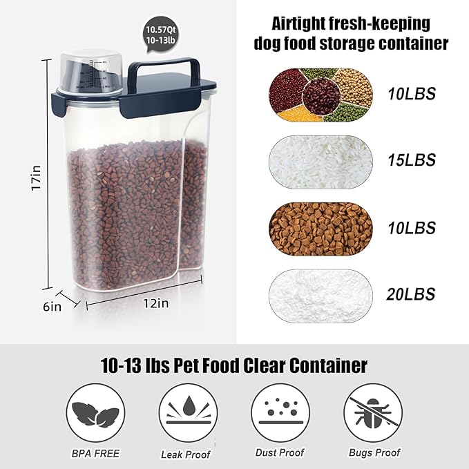 LEAWALK 10-13 Lbs Upgrade Capacity Dog Cat Food Storage Container, Pet Dog Treat Container, Airtight, Clear Bucket Body, With 2-Cup Scoop, Handle, Large Nozzle, 4-Safety Buckles, Easy to Clean, Blue