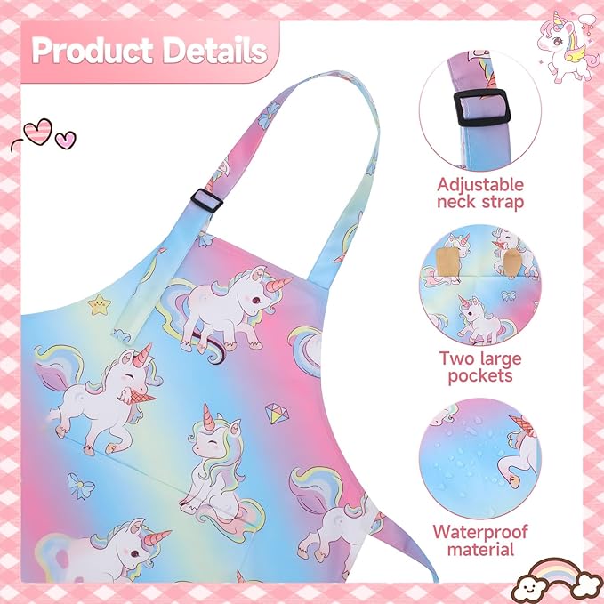 2 Pack Kids Apron, Cute Cooking Aprons, Waterproof Art Apron with Pockets, Toddler Painting Artist Apron Adjustable