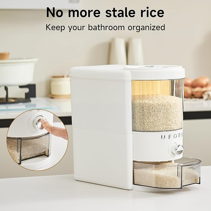 Rice Dispenser 10 lbs | Large Rice Storage Container for Kitchen&Pantry - Space-saving, Moisture & Pest-proof, BPA-Free - Dry Food Dispenser with One-Touch Dispenser & Measuring Cup for Families