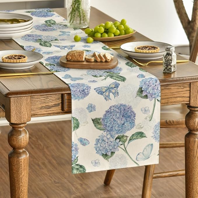 Artoid Mode Hydrangea Butterfly Summer Table Runner, Seasonal Spring Holiday Kitchen Dining Table Decoration for Home Party Indoor 13x108 Inch