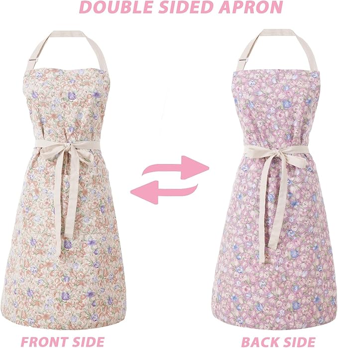 Aoomzoon Kitchen Aprons for Women with 2 Pockets,Double Sided Vintage Adjustable Apron for Gardening Cooking Arting Painting